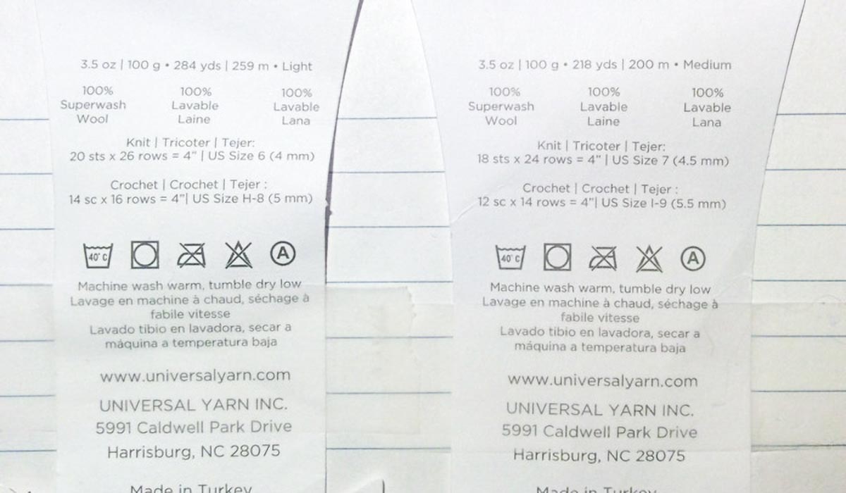 The detailed information from the ball band for Deluxe DK Superwash (left) and Deluxe Worsted Superwash (right) shows the recommended knitting gauge and lots of other good information!