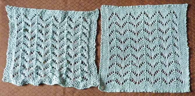 The magic of blocking! Before I blocked it, the sample on the right was smaller than the sample on the left. Blocking also "tames" the lace -- isn't it lovely!