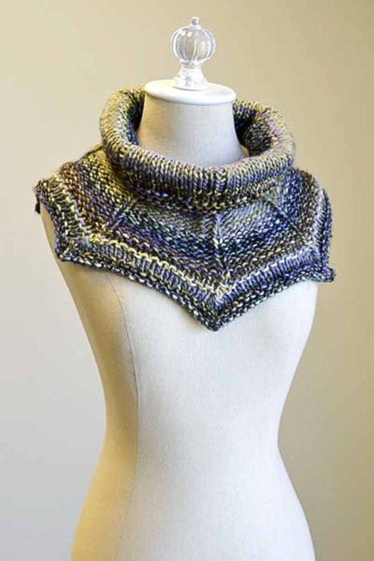 Picture of Get the point cowl which features picot-like points in a gray, blue and yellow colorway called "urban transit"