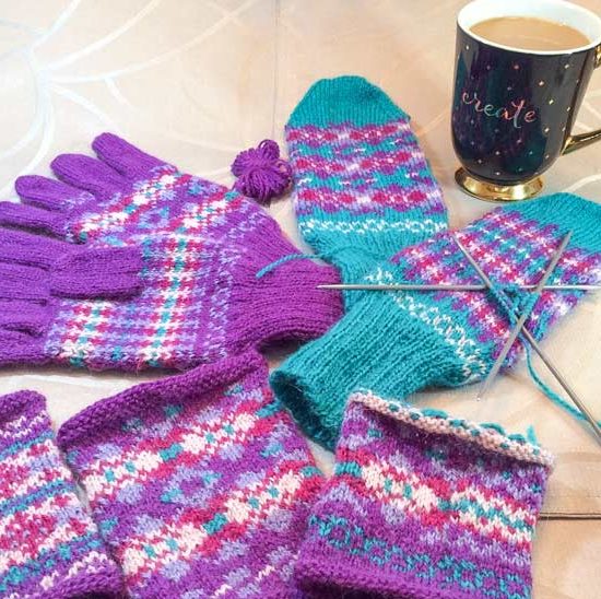 All my knitted results for my week of knitting with Finn - remember, this photo shows the full ball of purple I used - the butterfly is the leftover! Now, I’ll finish knitting the thumb while I drink that coffee from my “Create” mug. Create, indeed!