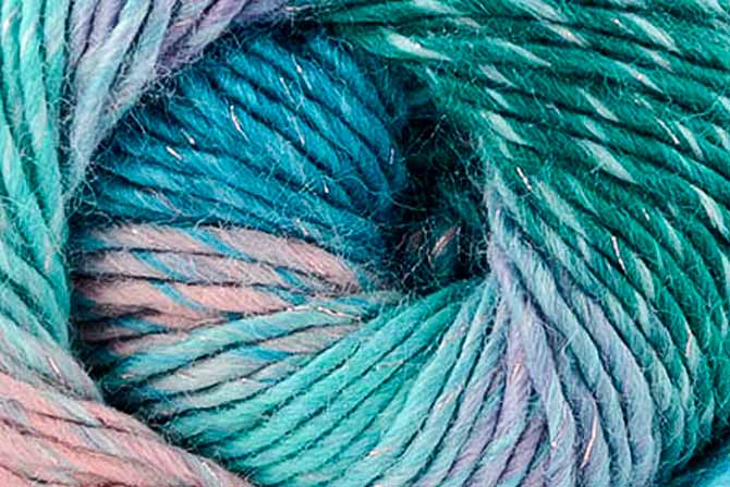 Close-up of skein of Universal Shades Metallic in the umbrella colorway