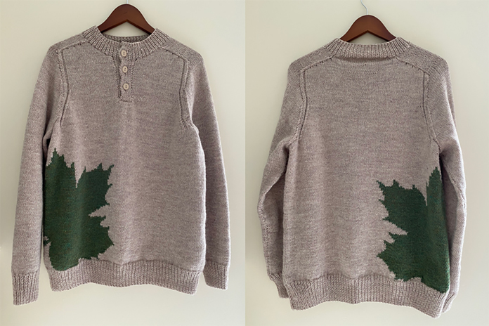 Front and back view of the Tilted Maple Leaf Henley by Cynthia MacDougall for ANPTmag Issue 55; photo by Alessia De Fusco for ANPTmag