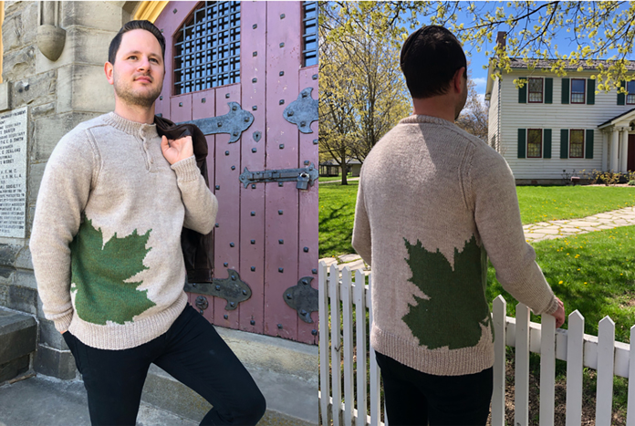 Front and back view of the Tilted Maple Leaf Henley by Cynthia MacDougall for ANPTmag Issue 55; photo by Alessia De Fusco for ANPTmag