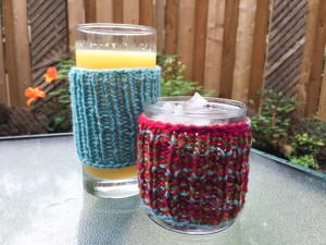 Hand Knit Drink Cozy with Red Heart With Love in Iced Aqua and Fruit Punch