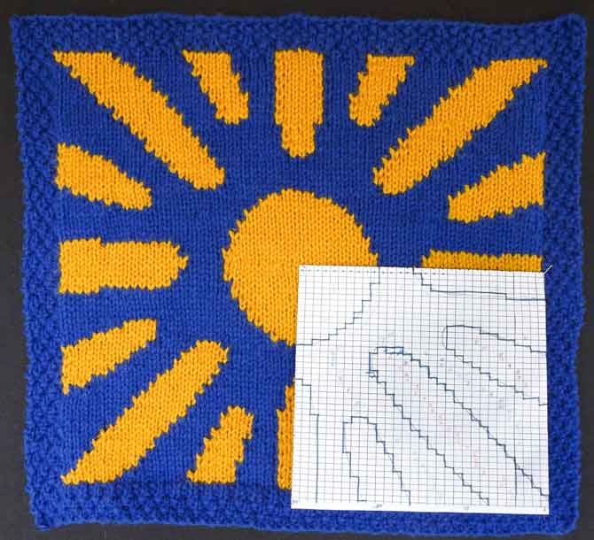 The finished blue sample. The moss stitch border suits the stocking stitch well, and the placement of the chart shows how closely the knitting worked up to it.