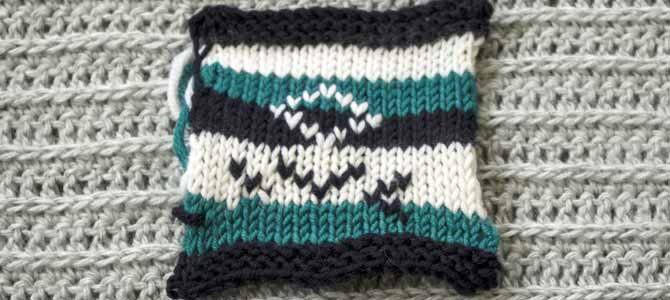 Duplicate stitch on stripes using Dona yarn of Universal Yarns
