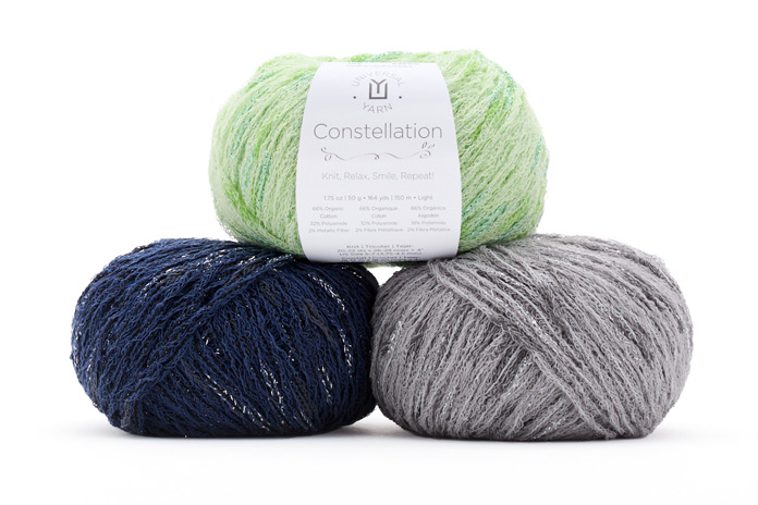 UNIVERSAL YARN Constellation in Hydra, Perseus, and Andromeda colorways. Constellation features a captivating chainette construction that combines softness with a touch of sparkle.