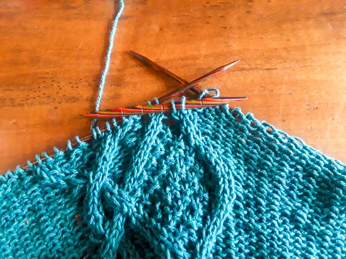 The Cable motif on the front of the Palomar Top, knit on Knit Picks Rainbow Wood Straight Needles and a Cable Needle.