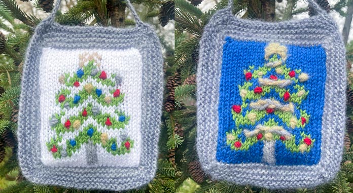 A Christmas ornament with a Christmas Tree on it