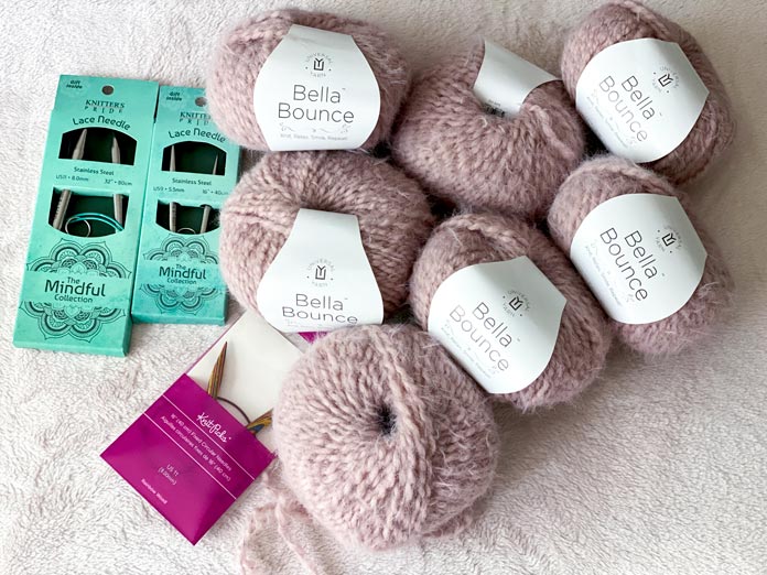 UY Bella Bounce pink colorway, KnitPicks knitting needles, KNITTER’S PRIDE The Mindful Collection knitting needles