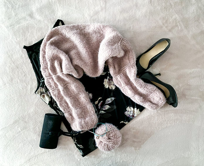 Party shoes, clutch, top and knitted shrug