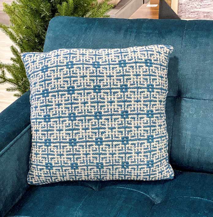 Soft Tiles Cushion Cover knitting pattern by Nancy Lekx for ANPTmag Issue 61; photo by Carla A. Canonico