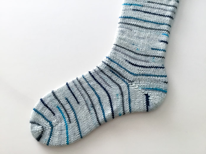 The completed short row heel sock. The Wrap and Turn short rows heel creates a tight sock around the ankle.