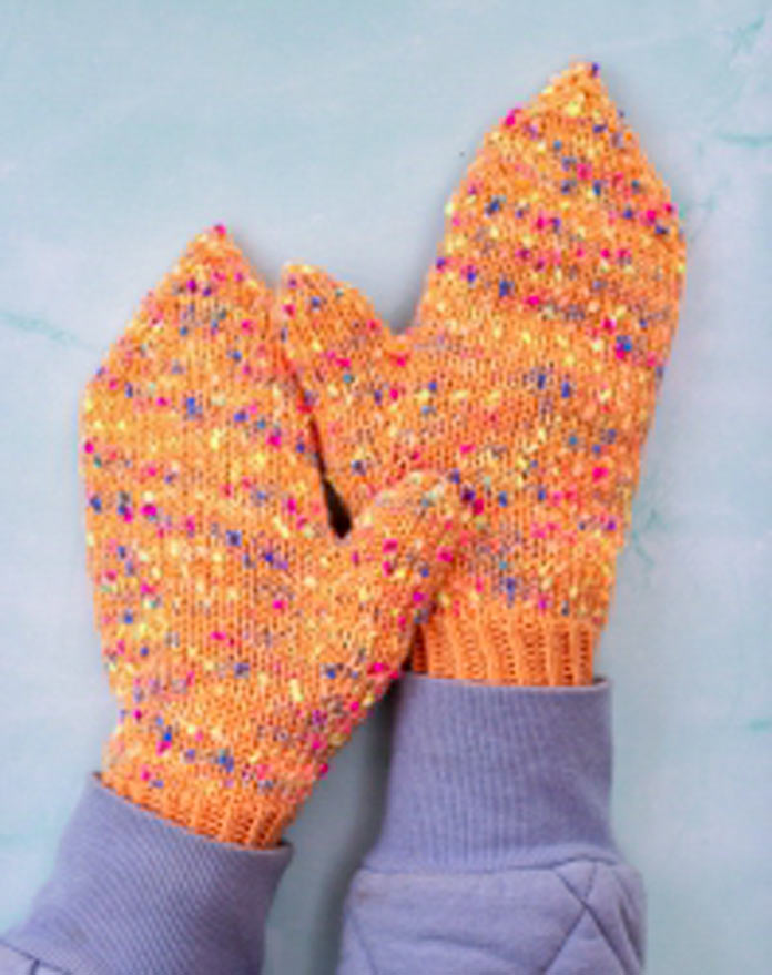 Colorful mittens knitted with 2 yarns held together.