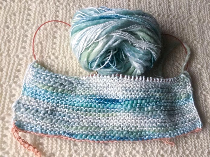 Provisional cast-on and garter stitch fabric; UNIVERSAL YARN Bamboo Bloom Handpaint thick and thin