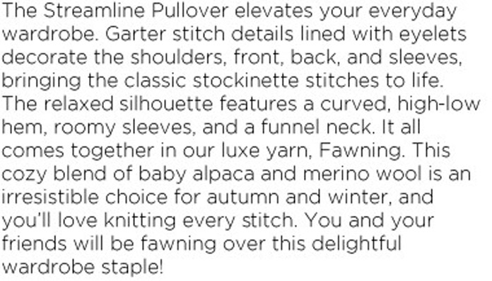 A picture of the pattern notes in the pattern, describing the pullover; Yarn Reviews, UNIVERSAL YARN, Fawning, KNITTER’S PRIDE LANTERN MOON, LANTERN MOON fixed circular needle, free knitting patterns, double stitch short rows, notions, knitting needles, knitted pullovers