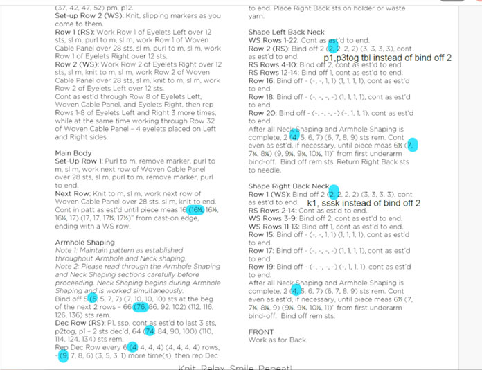 A screen capture of a Page of the Palomar Top pattern, showing various numbers for Size Small highlighted in blue.