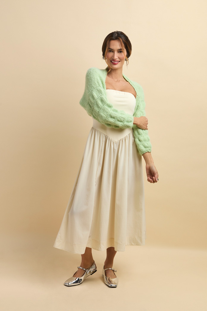 A model wearing the Bubble Sleeve Shrug 