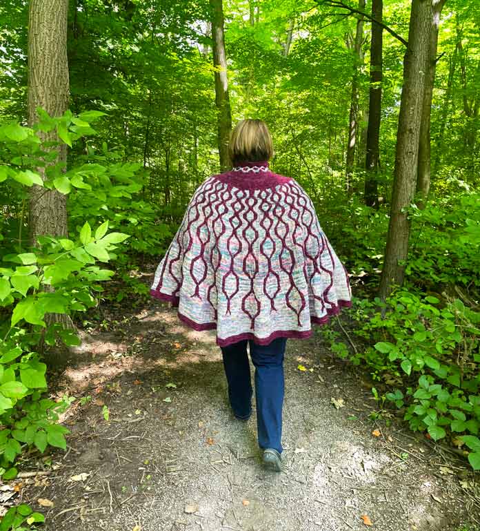 The Twists of Fate Colourwork Knit Cape by Sue Sindrey for ANPTmag Issue 72; photo by Steve Burns for ANPTmag