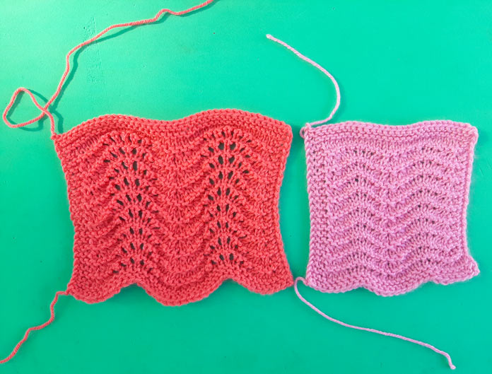 Universal Yarn Uptown Baby Sport pattern swatches in Petal and Tea Rose.