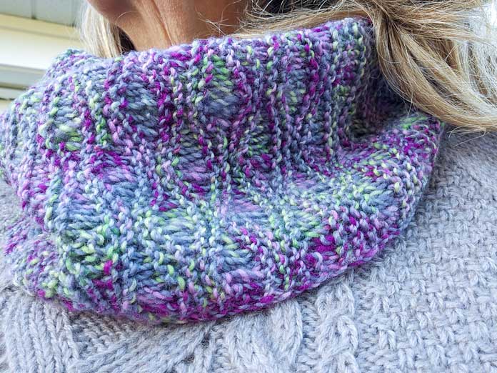 Cowl knit with Cobblestone double wrapped; FIBRA NATURA Cobblestone which is a soft, 2-ply 100% merino wool yarn