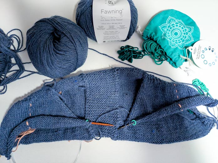 The top-down back and two fronts on the needles; Yarn Reviews, UNIVERSAL YARN, Fawning, KNITTER’S PRIDE LANTERN MOON, LANTERN MOON fixed circular needle, free knitting patterns, double stitch short rows, notions, knitting needles, knitted pullovers