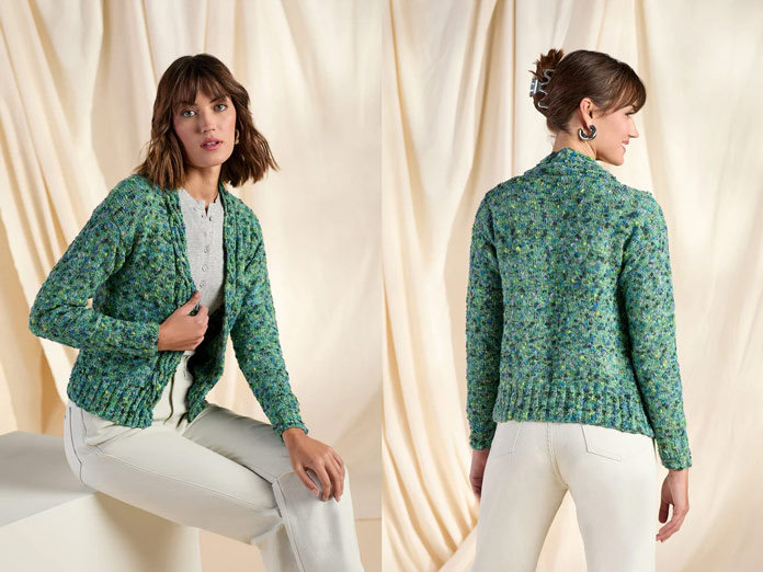 A collage of two photos with a model sporting the Lawson Cardigan knitted pattern knitted with UNIVERSAL YARN Tango.
