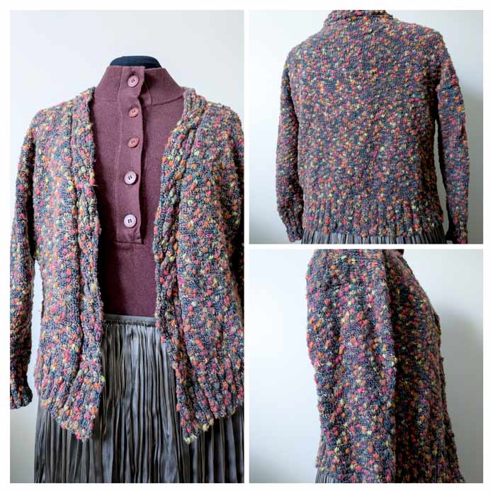 Front, back and side view of the Lawson Cardigan worked in multicolor thick and thin yarn.