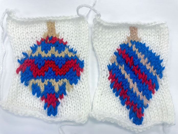 Two knitted Christmas ornaments made with UNIVERSAL YARN Uptown DK and Noelle yarns.