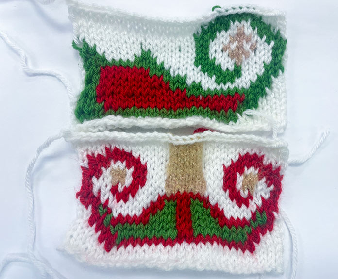 Two knitted Christmas ornament bulbs made with UNIVERSAL YARN Uptown DK and Noelle yarns.