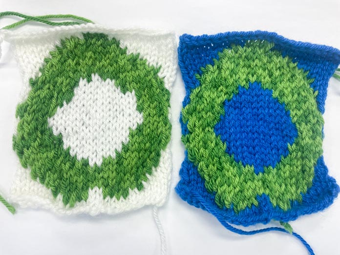 Two knitted Christmas ornament wreaths made with UNIVERSAL YARN Uptown DK and Noelle yarns.