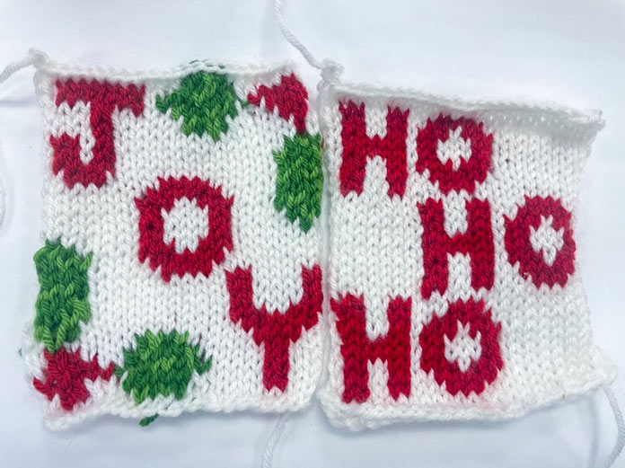 Two knitted Christmas ornaments made with UNIVERSAL YARN Uptown DK and Noelle yarns.