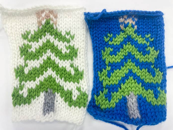 Two knitted Christmas ornaments made with UNIVERSAL YARN Uptown DK and Noelle yarns.