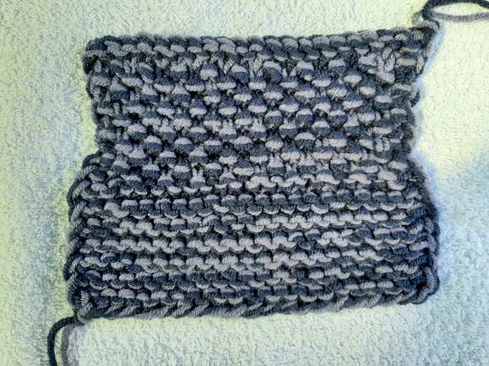Double stranded Color Theory swatch with two different stitch patterns; Lion Brand Color Theory