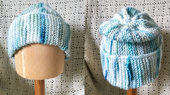 The garter stitch hat modelled on a mannequin, front, side, and back view; UNIVERSAL YARN Bamboo Bloom Handpaint thick and thin, Nami colorway.