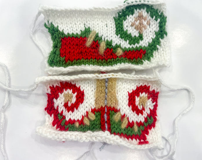 Two knitted Christmas ornaments made with UNIVERSAL YARN Uptown DK and Noelle yarns.