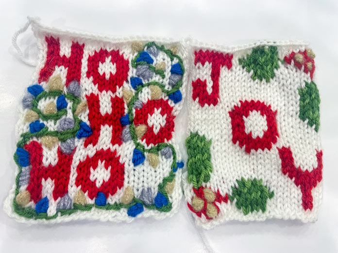 Two knitted Christmas wreath ornaments made with UNIVERSAL YARN Uptown DK and Noelle yarns.