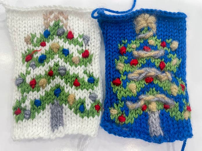 Two knitted Christmas tree ornaments made with UNIVERSAL YARN Uptown DK and Noelle yarns.