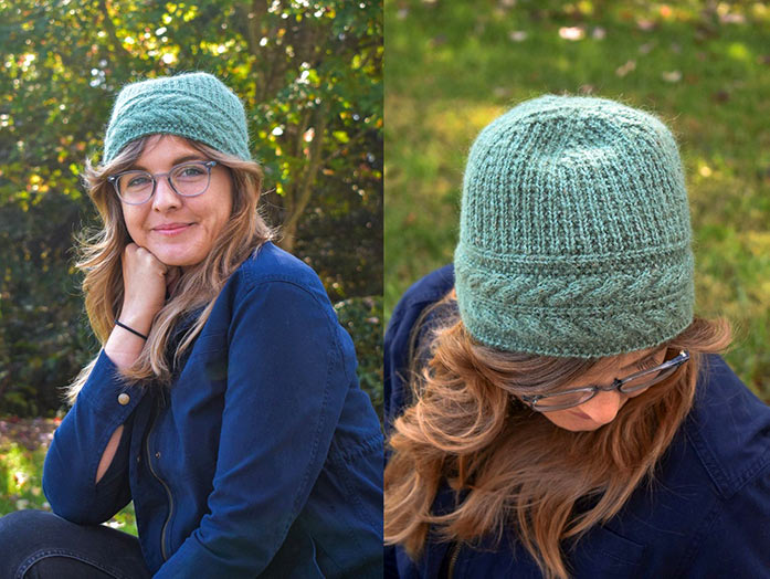 Green beanie with a twisted cable brim knit out of Kingston Tweed by Fibra Natura and Universal Yarn’s Penna suri alpaca yarn. The hat is green.