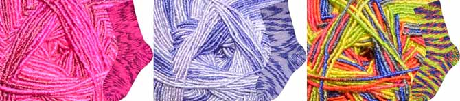 3 balls of Naked Sock with a photo of a knitted sock beside each: Sweetly -- pinks, Lilac Rose -- lilacs and purples, and Trapeze -- purple-orange-lime-lemon-yellow