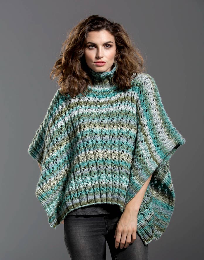 The cool teals, greens, and grays make this poncho as lovely as a warm and lush oasis to chase away the winter blahs. If these hues aren’t in your “crayon box,” use your favorites!