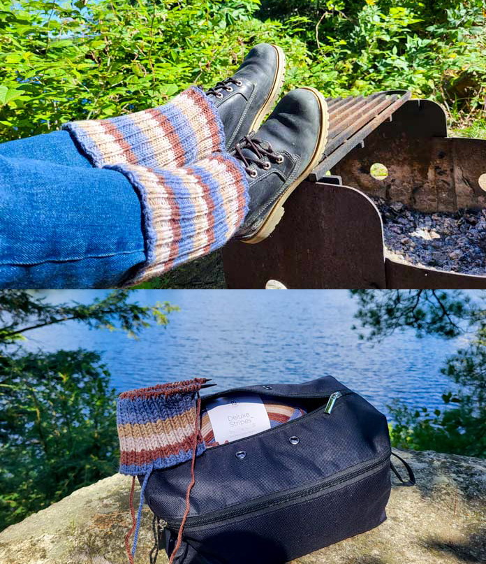Relaxing after a hike, wearing the boot cuffs knit in Deluxe Stripes