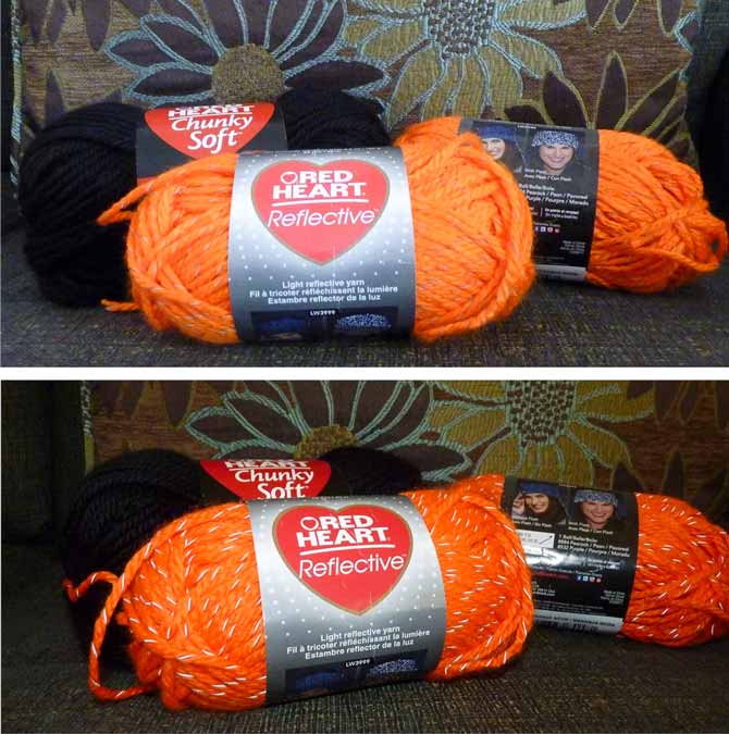 Two photographs of Reflective yarn in orange. The top photo was taken without flash, and the bottom one with flash.