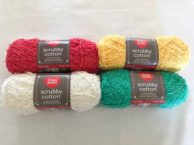Scrubby Cotton in colors Coral, Lemony, Loofa, and Jade