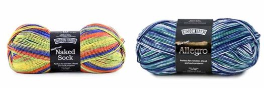 A ball of Naked Sock in the purple-lime-orange colorway and a ball of Allegro in the blue-teal-grey colorway of non-allergenic sock yarns.