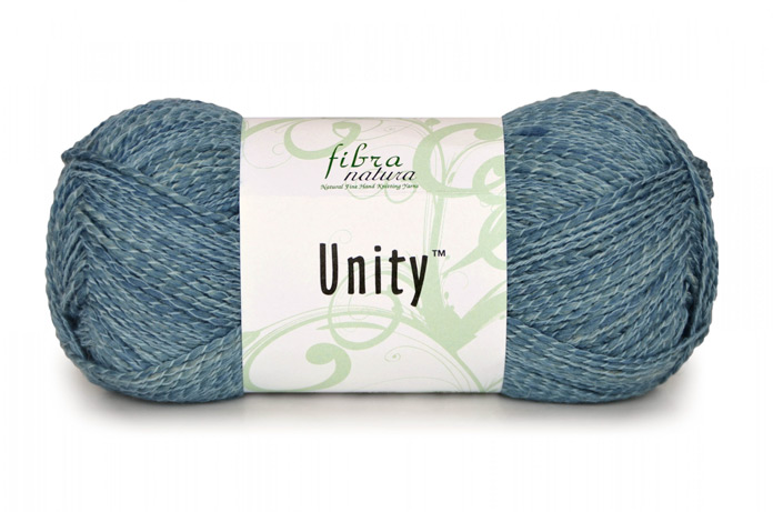 Unity, pictured here in Blue Stone, is a subtle thick and thin yarn containing 4 different types of fiber: wool, linen, bamboo, and cotton.