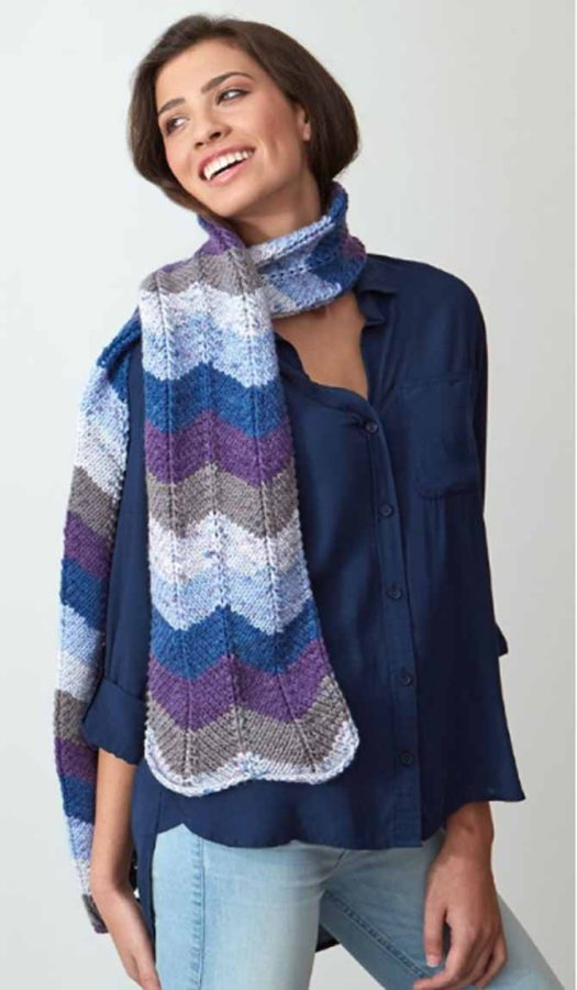 Red Heart's free Chevron Scarf pattern, knitted from With Love Stripes in the color Baroque Stripe. The perfect beginning pattern into color-changing yarns.
